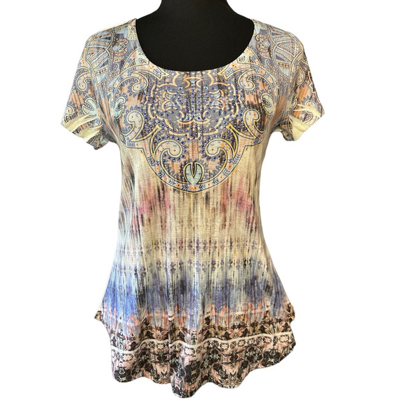 World Unity Pastel Bohemian Print Scoop Neck Embellished Top, Size S - Picture 1 of 7